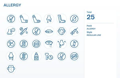 Allergy Scalable Vector Set featuring 25 PIXEL Perfect Regular Line 64x64 Ico Stock Illustration