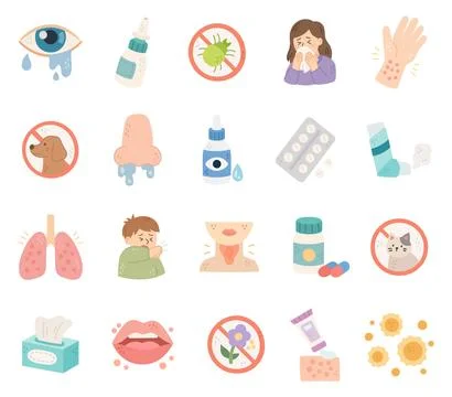 Allergy set featuring symptom treatment Stock Illustration