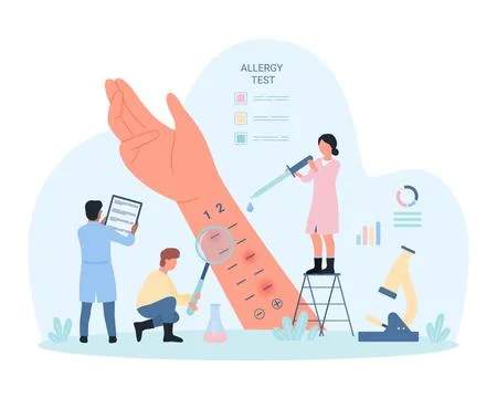 Allergy test on patients skin, tiny people doctors holding pipette to drop on Illustration