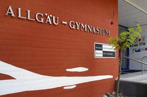 The Allgaeu Gymnasium completed in 1969 lettering and info sign Schule ohne Stock Photos
