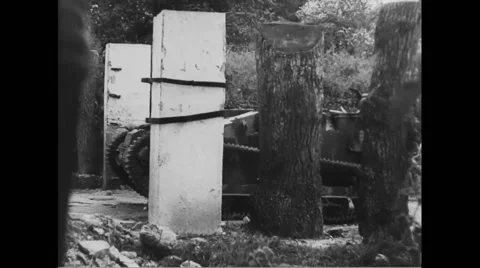 Allied artillery tractor pulling cannon on street Stock Footage 44574906