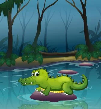 An alligator at the river inside the forest Stock Illustration