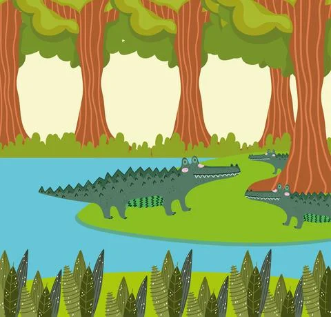 Alligators lake and forest Stock Illustration