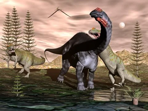 Allosaurus attacking apatosaurus dinosaur - 3D render Stock Illustration