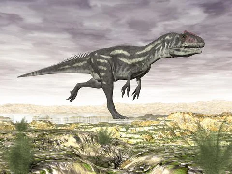 Allosaurus dinosaur in the desert - 3D render Stock Illustration