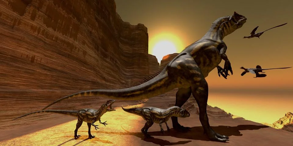 Allosaurus at sunset Stock Illustration
