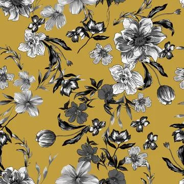 Allover,Design,Seamless,Floral,Pattern,Print,Art,Vector,Black,And Stock Illustration
