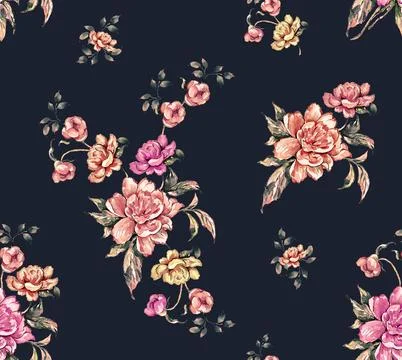 Allover,Flower,Design,Art,Work,Dark,Blue,Background,Multi,Color Ilustração Stock