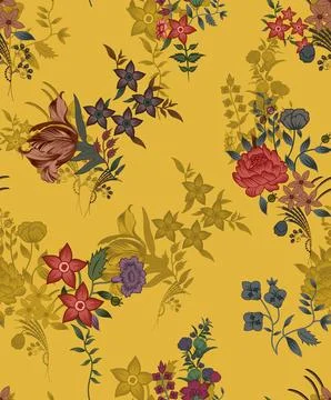 Allover,Flower,Pattern,With,Leaves,Multi,Color Illustration