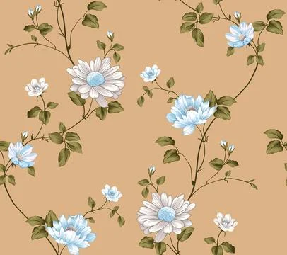 Allover,Grey,And,Blue,Vector,Flower,Pattern,On,Brown,Background Stock Illustration