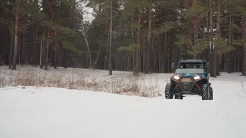 Allterrain vehicle navigating snowy forest under tall trees. Adventurous ATV Stock Footage 346204009