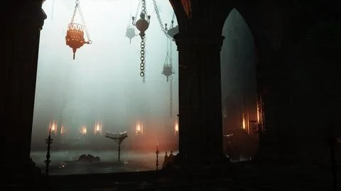 Alluring atmosphere dark gothic chapel flickering candles Stock Illustration