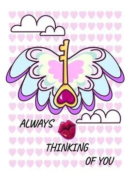 Allways thinking of you. vector illustration. cute cartoon  gold key . Stock Illustration