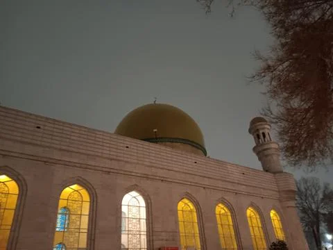 Almaty Central Mosque at night. Cold winter season. Stock Photos