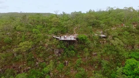 Almecegas II waterfall viewing platform surrounded by Cerrado vegetation in Stock Footage 345685189
