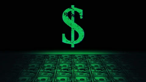 Almighty Big green dollar concept, sign and banknotes animated in a dark space Stock Footage 239027440