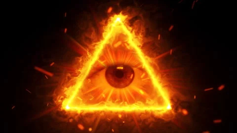 Almighty sight of god eye surrounded by divine rays and rageous fire in triangle Video stock 236850989