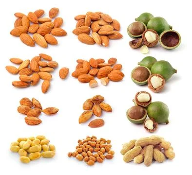 Almond ,macadamia nuts, peanut isolated on white background Stock Photos