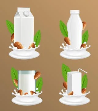 Almond milk package vector realistic mockup set Stock Illustration