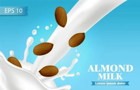 Almond milk vector realistic. Splash milk pouring. Label template design. Nat Stock Illustration