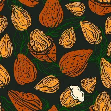 Almond nut. Seamless pattern. Natural shell, green leaf. Vector realistic ske Stock Illustration