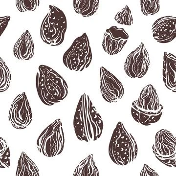 Almond nut. Seamless pattern. Nature crop. Vector realistic sketch on white b Stock Illustration
