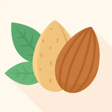 Almond nuts with and without shell with green leaves on cream background Stock Illustration