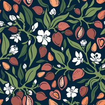 Almond retro seamless pattern. Vector green tree, wild branch, nut, leaf, whi Stock Illustration