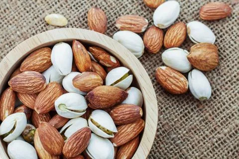 Almond on sack. Stock Photos