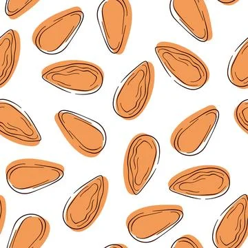 Almond seamless pattern in line art style. Hand drawn, sketches, engraved Stock Illustration