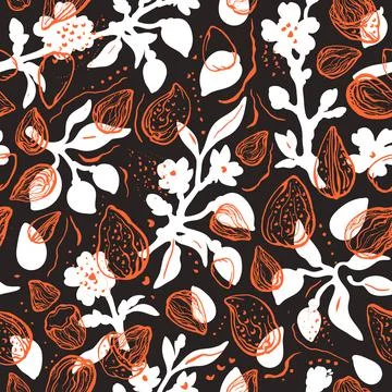 Almond vintage seamless pattern. Vector plant, golden nut, abstract leaves, s Illustrazione stock