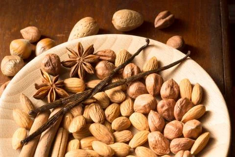 Almonds and hazelnuts Stock Photos