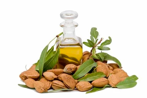 Almonds around the bottle. Stock Photos