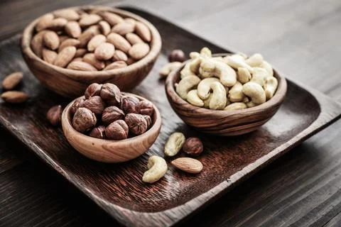 Almonds, cashew and hazelnuts Stock Photos