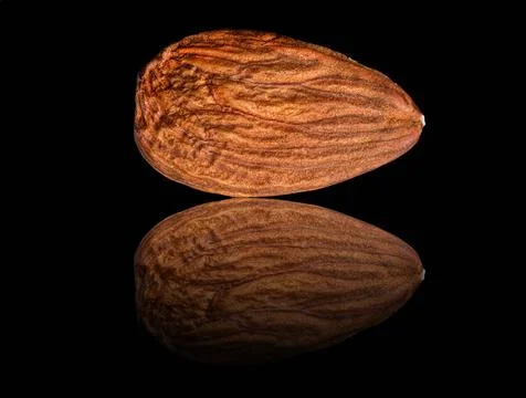 Almonds close up, photo Macro with dways, mirror reflection, black background Stock Photos