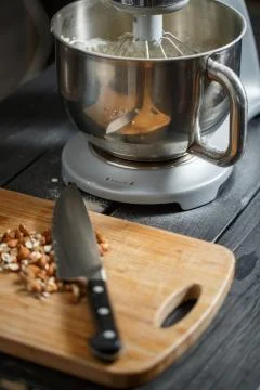 Almonds cutting knife Stock Photos