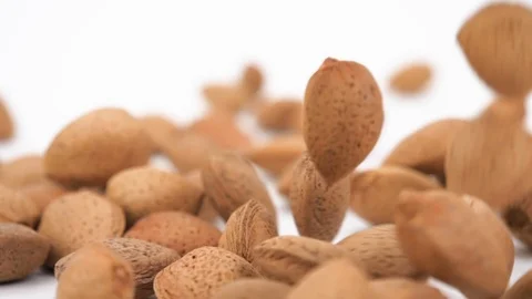 Almonds falling in slow motion on white background, close-up Vídeo Stock 87709312