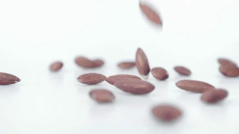 The almonds that fell on a white ground were thrown apart in slow motion. Stock Footage 148666449