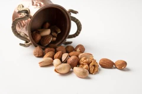 Almonds, hazelnuts, pecan nuts 库存照片