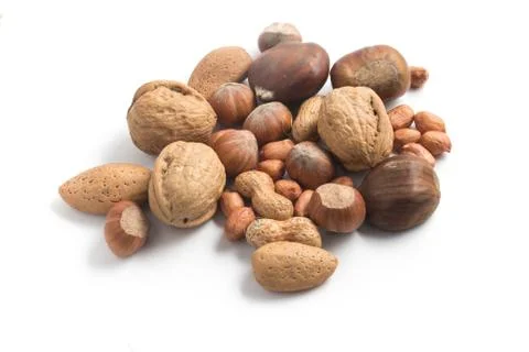 Almonds, Hazelnuts, walnuts, peanuts. Stock Photos