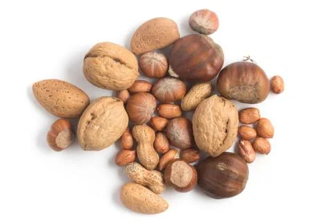 Almonds, Hazelnuts, walnuts, peanuts. Stock-Fotos