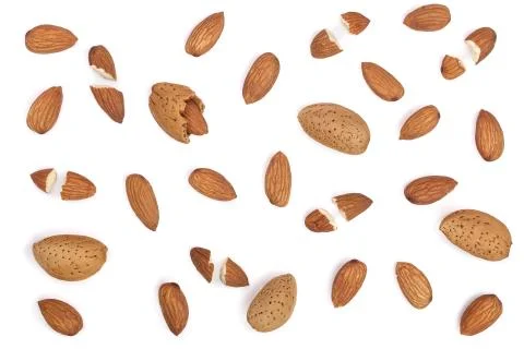 Almonds isolated on white background. Flat lay pattern. Top view Stock Photos