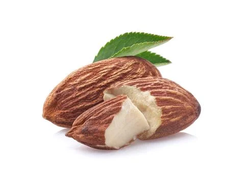 Almonds kernel with with leaf on white background Stock Photos