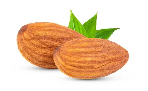 Almonds with leaf  isolated on white background close up. macro shot Stock Photos