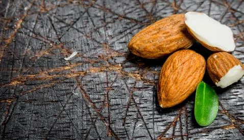 Almonds with leaves. Stock Photos