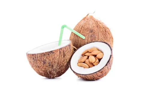 Almonds, milk and coconuts Stock Photos