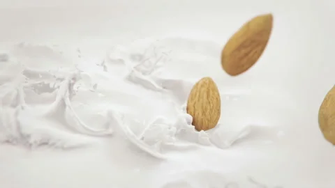 Almonds Nuts Falling Into Milk in 4K Super slow motion Video stock 138713248