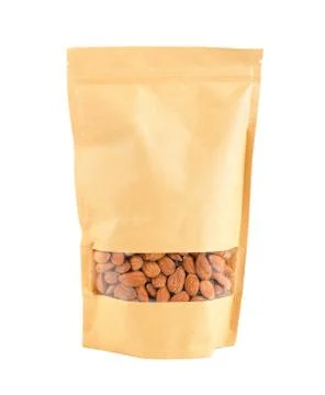 Almonds in packaging isolated on white background Stock Photos