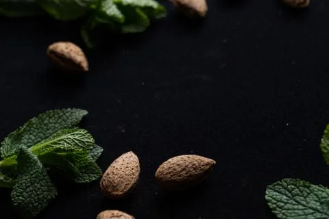 Almonds in shell with mint leaves on black background with copy space closeup 스톡 사진