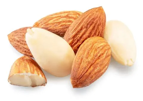 Almonds with shells and peeled nuts on white background Stock Photos